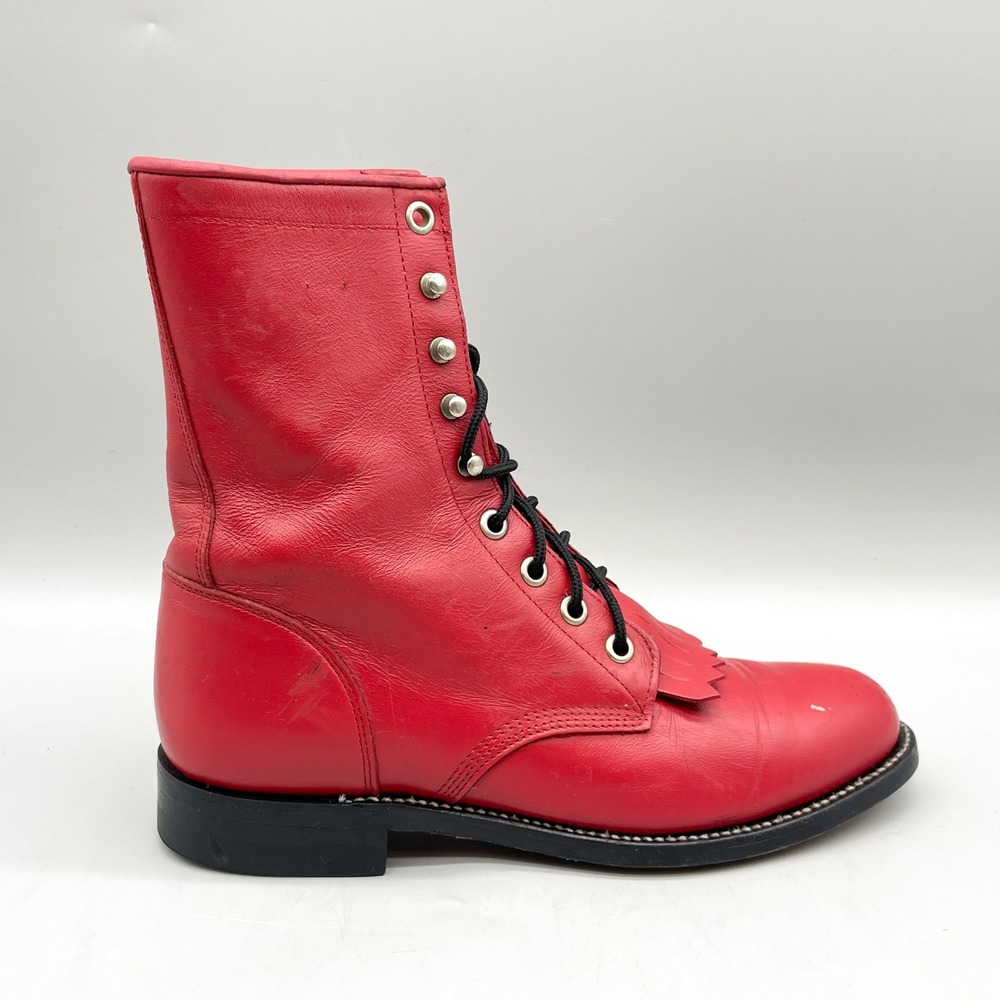 Justin Womens 6B Lace Up Kiltie Western Cowgirl Boots Red Leather VTG USA Boho